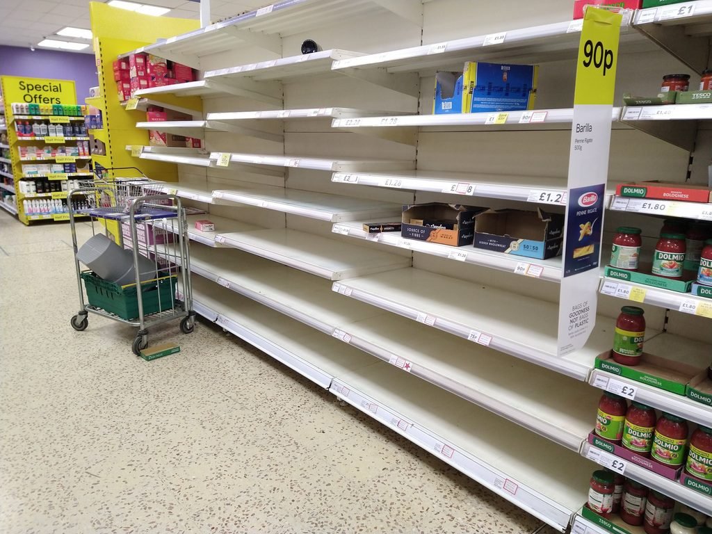 Empty pasta shelves in a London supermarket during March 2020