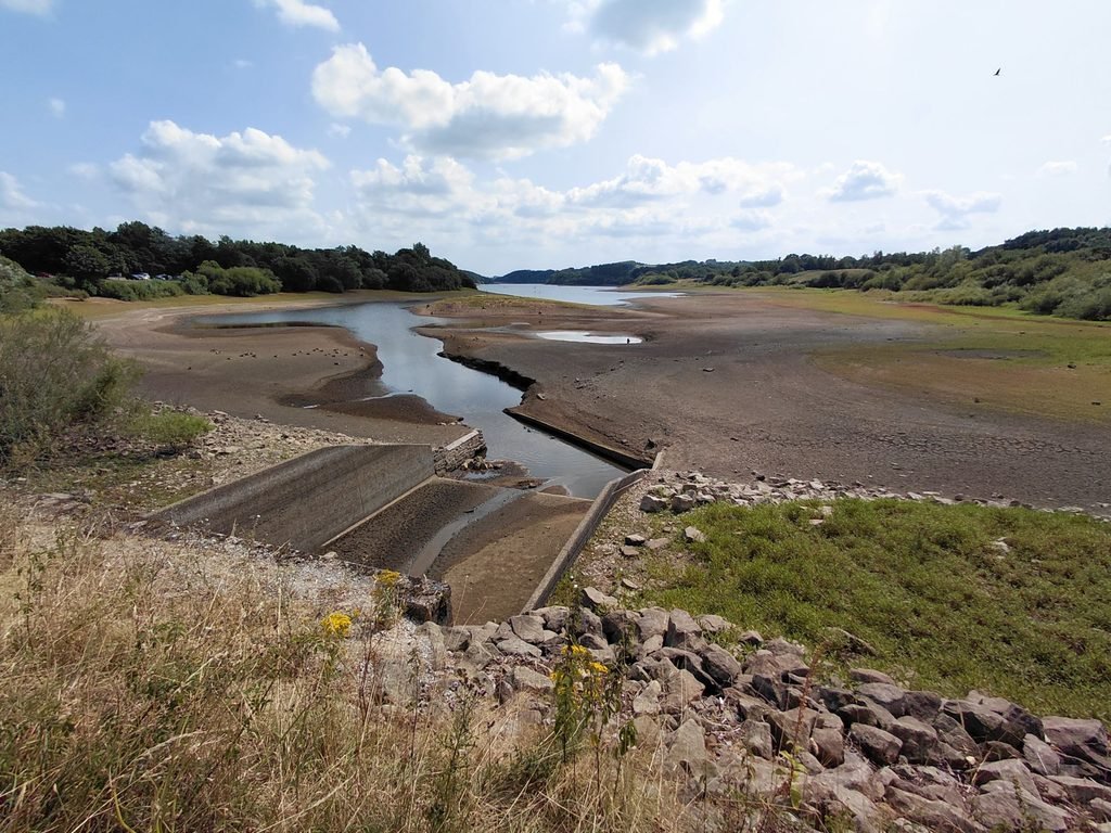 Low water levels at Tittesworth Reservoir during the 2026 drought